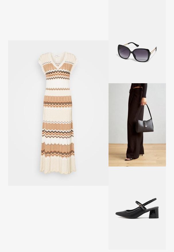 Robe maxi en tricot avec un décolleté en V, des manches courtes et une finition en zigzag dans des tons de crème, de marron et d'orange, avec un ourlet évasé.; Escarpins slingback en cuir verni noir avec un embout pointu, un design à découpes arrondies et un talon carré. Présente un accent de boucle en ton doré.; Lunettes de soleil noires surdimensionnées avec des verres dégradés, monture épaisse et détails en chaîne dorée sur les branches.; Sac à main noir à la forme structurée, texture lisse et fermoir métallique. Associé à un pantalon noir ample et des sandales ouvertes sur un sol en bois.