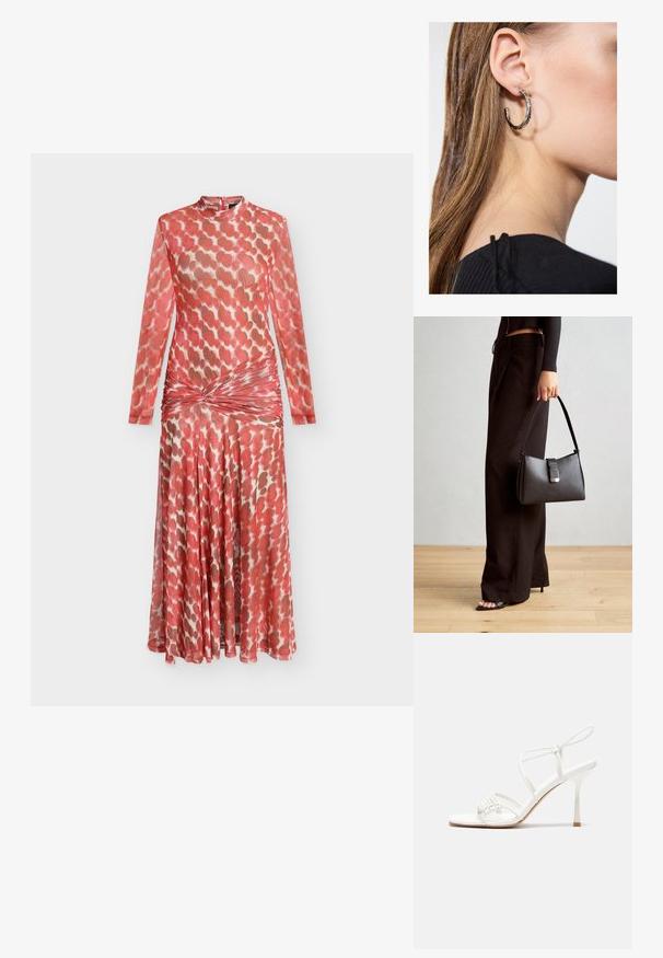 Long-sleeve dress in coral with a textured pattern. Draped bodice and gathered waist. Flowy skirt material, zipper closure at the back.; White strappy high-heeled sandal with a flat toe base, textured front with gathered accents, and a slim ankle strap.; Black handbag with structured shape, smooth texture, and a metallic clasp. Paired with wide black pants and open-toe sandals on wooden floor.; Silver hoop earring with a polished finish, featuring small gold accent details and a round shape, worn on the lobe.