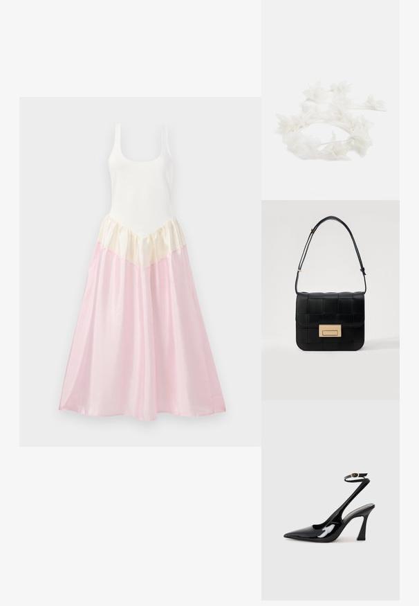 Maxi suknelė su prigludusia balta liemene ir laisvai krentančia sijonu. Sijonas pagamintas iš sluoksniuotų audinių kreminės ir šviesiai rožinės spalvos, kurių tekstūra blizgi.; Juodai lakuoti slingback aukšti kulniukai su smailiu nosiu, reguliuojama čiurnos juostele ir vidutinio dydžio blokiniu kulnu. Lygus paviršius su blizgiu apdaila.; Loeffler Randall DESI CROSSBODY WITH LOCK HARDWARE - Rankinė per petį - black; Gėlėta galvos juosta, pagaminta iš baltų žiedlapių su plonu, lanksčiu juostos. Žiedlapiai yra minkšti ir lengvi, sukuriantys švelnų, sluoksniuotą vaizdą.