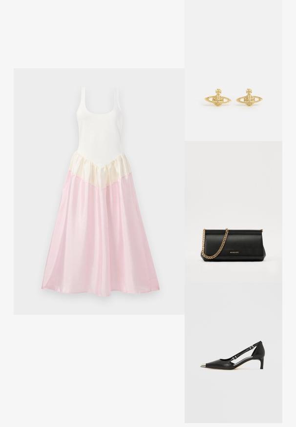 Maxi suknelė su prigludusia balta liemene ir laisvai krentančia sijonu. Sijonas pagamintas iš sluoksniuotų audinių kreminės ir šviesiai rožinės spalvos, kurių tekstūra blizgi.; Juodos odos bateliai su žemu kulniuku, smailiu sidabro spalvos pirštinės gaubtu ir dvigubais dirželiais, ant balto fono.; Juodas odinis delninukas su auksine grandine, turintis lygų paviršių, stačiakampį išmatavimą ir įspaustą prekės ženklą priekyje.; Vivienne Westwood MINI BAS RELIEF EARRINGS - Auskarai - gold-coloured