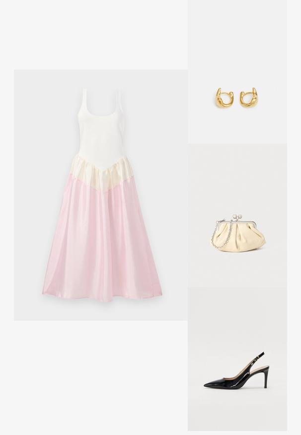 Rochie maxi cu un corset alb ajustat și o fustă fluida. Fusta are straturi de materiale în nuanțe de crem și roz pal, cu o textură strălucitoare.; Pantofi slingback din piele patent neagră, cu vârful ascuțit, tocul subțire și un design discret cu decupaj. Se evidențiază printr-un cataramă aurie pe curea.; Clutch din piele plisată bej, cu un cadru din metal argintiu, având două închideri decorative rotunde și o curea din lanț argintiu.; Cercei din aur cu un design neted și rotunjit, având un finisaj lustruit. Cerceii au o formă compactă și chunky și un închizător fără sudură.