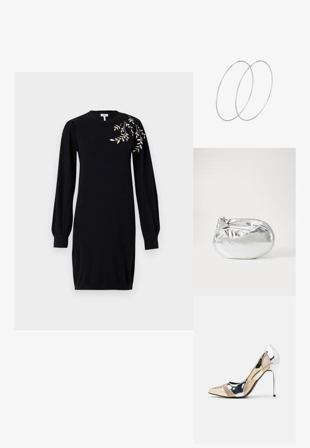 Object OBJTHESS - Sarafanas - black; Aštrus pirštas aukštakulnis batelis su sidabro, aukso ir nuogų spalvų deriniu. Blizgus paviršius su išpjovos dizainu, su stiletto kulnu.; Sidabrinė metalinė maišelio forma su švelnia, apvalia forma ir mazgu užveriamu viršumi. Pagaminta iš lygios dirbtinės odos medžiagos.; Sidabrinės pusmėnulio auskarai minimalistiniu dizainu. Apskritimo forma, lygus paviršius ir plonas profilis. Lengvi su poliruotu apdailu.