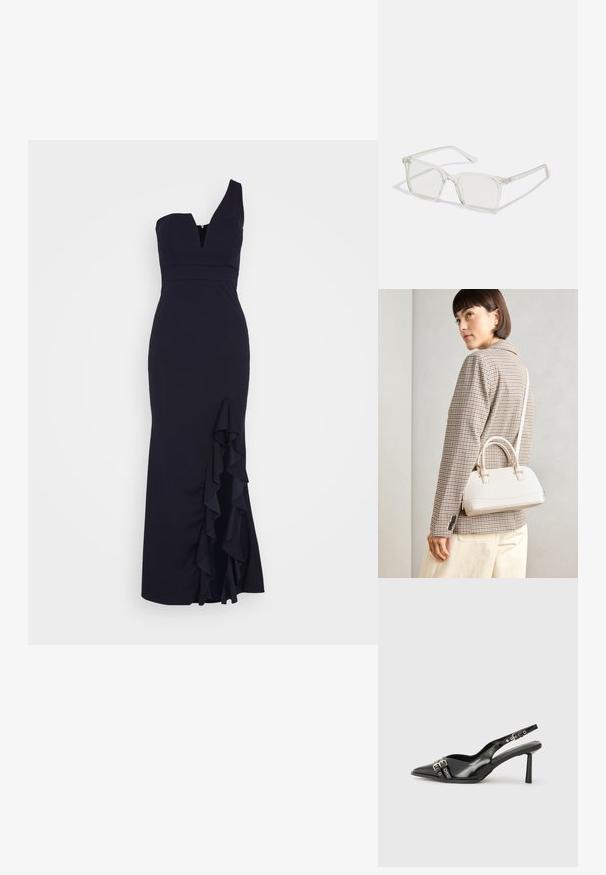 WAL G. SOYA ONE SHOULDER RUFFLE MAXI DRESS - Proginė apranga - navy blue; Juodas lakuotas odinis batelis su smailiu pirštu, kulkšnies dirželiais su sidabrinėmis sagtimis ir detalėmis, bei plonu kulnu.; Permat nuleidžiai skaidrūs kvadrato formos akinius su permatomais lęšiais, kurie turi auksines detales ant šventyklų.; Balta struktūruota rankinė su trumpomis rankenomis ir peties diržu, su auksinėmis detalėmis ir tekstūruota medžiaga, pastatyta prieš pilką foną.