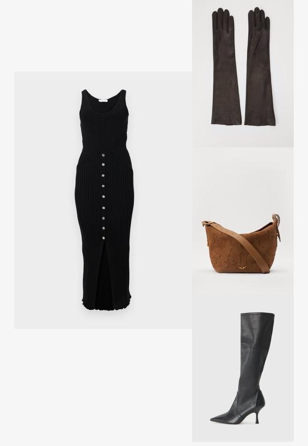 Rabanne Φόρεμα-πουλόβερ - black; Μαύρες δερμάτινες μπότες μέχρι το γόνατο με μυτερή μύτη και λεπτό τακούνι στιλέτο. Λείος υφασμάτινος σχεδιασμός και ραφή στην άκρη του επάνω μέρους.; Καφέ σουέτ τσάντα ώμου με ανάγλυφο σχέδιο λουλουδιών, συμπληρωμένη από λείο καφέ δερμάτινο λουρί και ασημί χρυσές λεπτομέρειες.; Μαύρα δερμάτινα γάντια με επιμηκυμένο σχεδιασμό, λεία υφή και πέντε δομημένα δάχτυλα. Χωρίς ορατό υλικό, απλή και κομψή εμφάνιση.