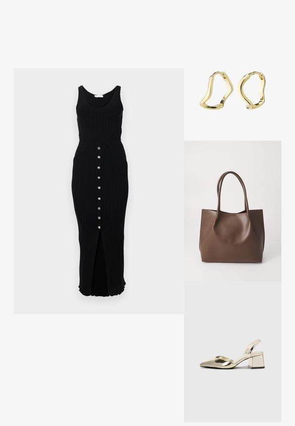 Rabanne Pletené šaty - black; Kovové zlaté pantofle na podpatku s špičatou špičkou a masivním podpatkem. Hladký povrch, minimalisticý design a úzký pásek.; Hnědá kožená taška přes rameno s dvěma dlouhými uchy, strukturovaný tvar, hladký povrch a minimalistický design. Žádné viditelné kování ani akcenty.; Zlaté kruhové náušnice se tekoucím, vlnkovým designem. Hladký povrch, otevřený tvar a žádné viditelné upevnění. Minimalistický a moderní vzhled.