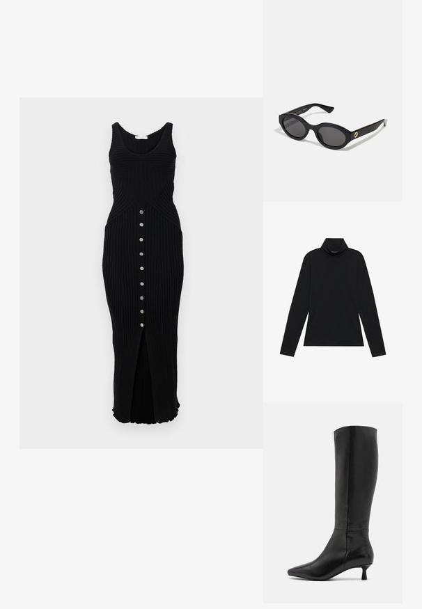 Rabanne Neulemekko - black; Mustat pitkät hiharat turtleneck-paidat. Pehmeä kangas, istuva muotoilu, korkea kaulus ja sivusaumat. Yksinkertainen ja monipuolinen tyyli, joka sopii kerroksittain käytettäväksi.; Zign Saappaat - black; Mustat soikeat aurinkolasit tummilla linsseillä ja kiiltävästä muovista valmistetulla kehällä. Varustettu kullanvärisellä logolla temppeleissä, tarjoten tyylikkään ja modernin muotoilun.