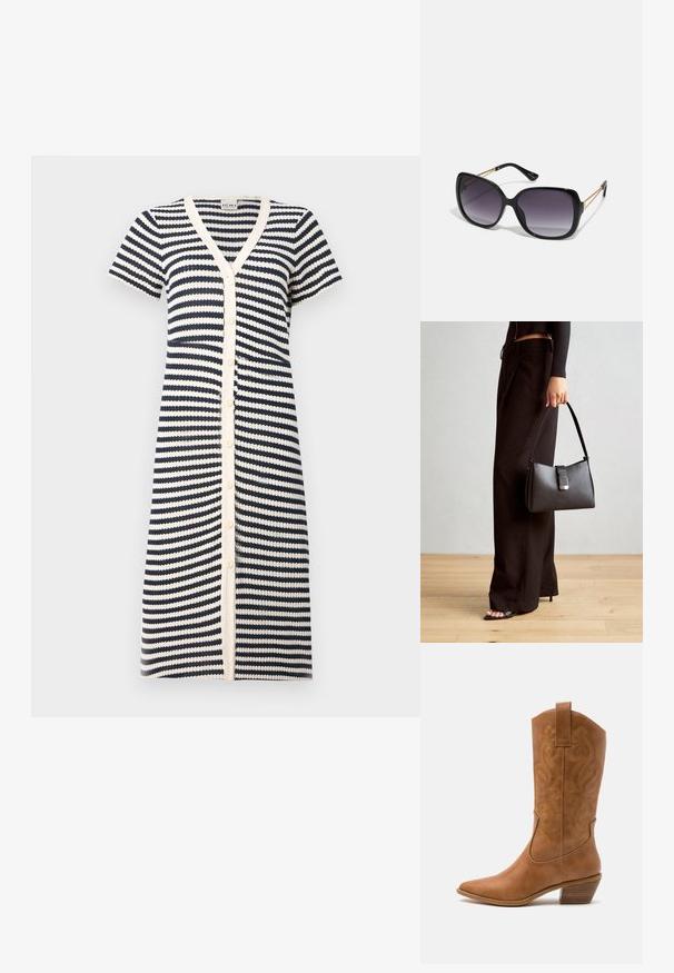Csíkos ruha sötétkék és fehér színben, rövid ujjakkal, V-nyakkivágással és gombos záródással. Texturált anyagból készült, váltakozó csíkokkal.; Barna bőr cowboy csizma hegyes orral, hímzett örvény mintákkal a szárán, és stílusos, réteges blokk sarokkal. Kihúzó füle segíti a könnyű felhúzást.; Fekete, oversize napszemüveg fokozatos árnyalatú lencsékkel, vastag kerettel és arany színű lánc díszítéssel a szárakon.; Fekete kézi táska strukturált formával, sima textúrával és fémből készült záródással. Széles fekete nadrággal és nyitott orrú szandállal párosítva, fából készült padlón.