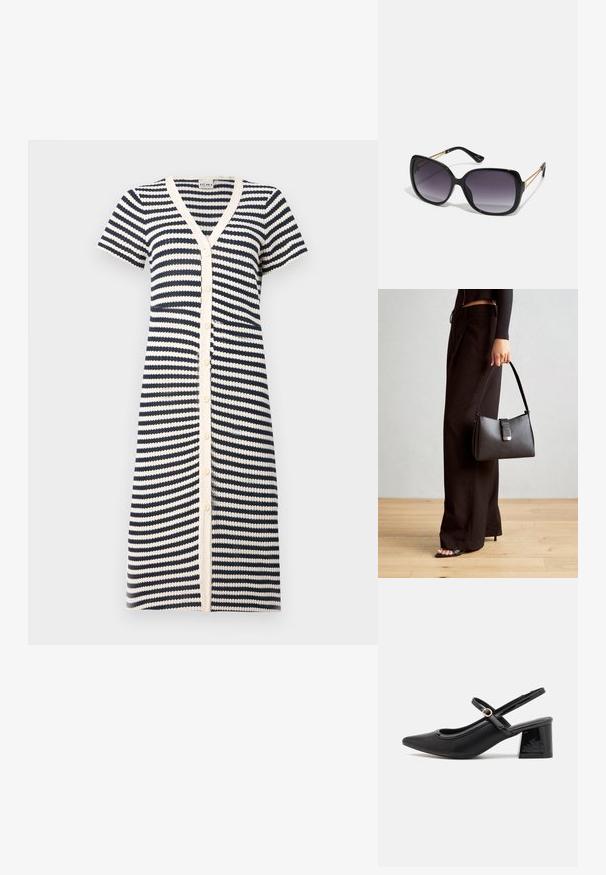 Svītrainas kleita tumši zila un balta ar īsām piedurknēm, V veida kaklu un pogu aizdari. Izgatavota no teksturēta auduma ar maiņam svītrām.; Melns patentēts ādas sandales ar norādīta pirksta formu, noapaļotu izgriezuma dizainu un bloķētu papēdi. Iezīmēta ar zelta toņa sprādzi.; Melni pārmērīgi lieli saulesbrilles ar gradāciju lēcām, biezām rāmja malām un zeltainas krāsas ķēžu detaļām uz tempļiem.; Melnā somiņa ar strukturētu formu, gludu tekstūru un metālu sprādzi. Saskaņota ar platām melnām biksēm un sandālēm ar atvērtu purngalu uz koka grīdas.