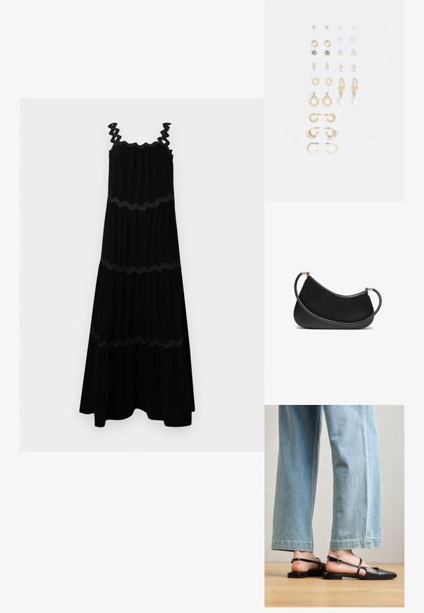Svart maxi-klänning med zigzag-remmar och lagerdesign. Har texturerade detaljer runt midjan och fållen. Tillverkad av mjukt tyg.; Svart läder slingback-skor med spetsig tå, platt häl och ankelrem; bärs med ljusblå vida jeans.; Svart läder axelväska med en böjd design, utrustad med ett texturerat band och detaljer i guldton vid den övre stängningen. Slät yta.; Set med guldtonade örhängen med olika designer, inklusive studs, hoops och hängande delar med pärlor och rhinestones.