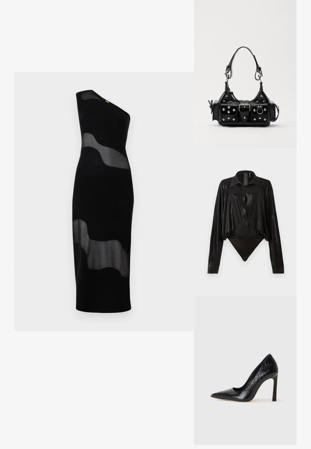 Melna kleita ar vienu plecu un pieguļošu siluetu, ar caurspīdīgām paneļu detaļām viļņu rakstā, izgatavota no mīksta, viegla materiāla.; Melnā bodijakā ar garām piedurknēm, V-veida kaklu un pieguļošu siluetu. Izgatavots no spīdīga, gluda auduma ar strukturētu apkakli un aprocēm.; Melni augstpapēžu apavi ar norādītu purngalu, ar krokodila ādas tekstūru, izceļoties ar elegantu dizainu, augstu stiletto papēdi un gludu melnu interjeru.; Melnas ādas rokturmais ar izliekumu, ar sudraba iedurtiem, sprādzi un divām sānu kabatām. Regulējams siksniņas garums dažādām nēsāšanas iespējām.