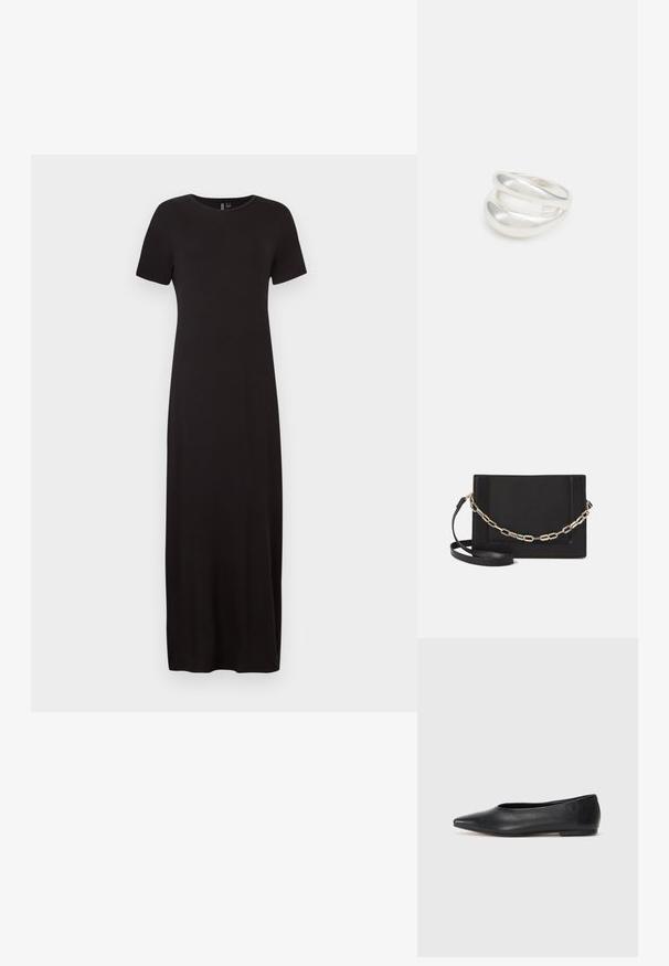 Svart maxiklänning med korta ärmar, rund halsringning, tillverkad av mjukt, stretchigt tyg. Har en rak silhuett och sidosprund.; Svart läderballetflat, spetsig tå, minimalistisk design, slät textur, låg klack, ingen synlig hårdvara eller utsmyckningar.; Svart läder crossbody-väska med en slät yta, rektangulär form och metallickedjedetalj på framsidan. Justerbar rem ingår.; Silver ring med dubbel band och en slät, polerad yta. Har en flödande, böjd design med överlappande sektioner för en modern stil.