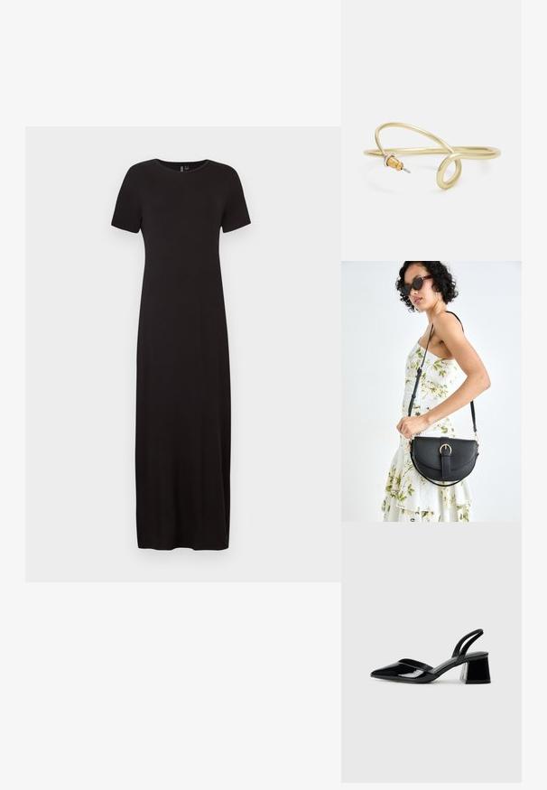 Juoda maxi suknelė trumpomis rankovėmis, apvalia iškirpte, pagaminta iš lygios, tamprios medžiagos. Turi tiesų siluetą ir šonines skeltukes.; Juodos lakuotos odinės šlepetės su smailiu pirštu ir geometriniu bloko kulnu. Turi elegantišką, minimalistinį dizainą ir lygų paviršių.; Juodas odinis krepšys su išlenkta forma, nuimamu dirželiu ir auksiniais detalėmis. Krepšys turi kilpą su sagtimi.; Auksinės spalvos metalinė apyrankė su skysčiu, kreipiančiu dizainu. Viename gale yra mažas, išsiskiriantis, sidabrinės spalvos akcentas.