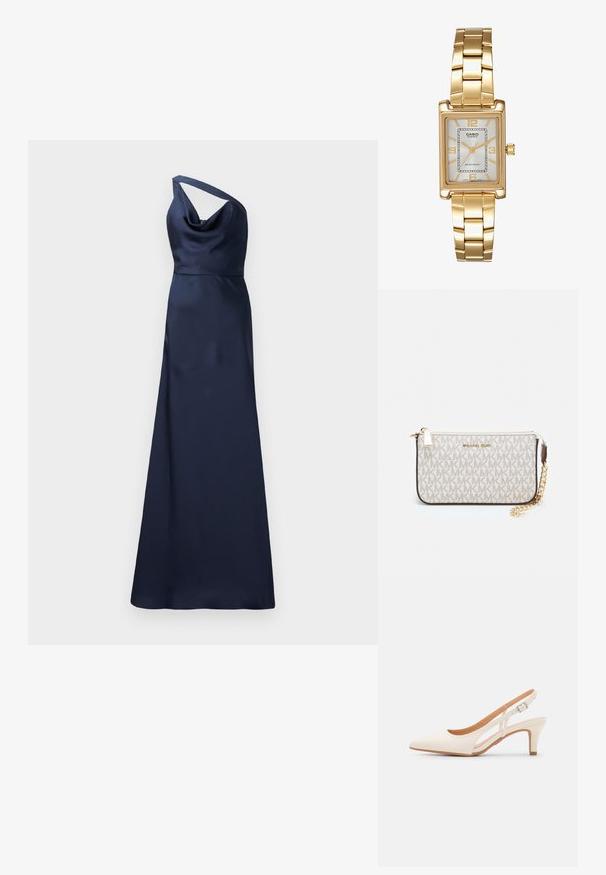 Vestido de noche de satén azul marino con diseño de un solo hombro, escote drapeado y una silueta fluida hasta el suelo. Textura suave y elegante simplicidad.; Zapato de tacón de tirantes blanco con punta afilada, material superior liso, tacón bajo y diseño con corte lateral con correa ajustable.; Monedero de muñeca Michael Kors en lona recubierta beige que presenta un patrón repetido del logo MK, herrajes dorados y una correa de cadena desmontable.; Reloj de pulsera rectangular de tono dorado con esfera blanca, marcadores de horas de tono plateado y una duradera pulsera de metal. Incluye función de resistencia al agua.