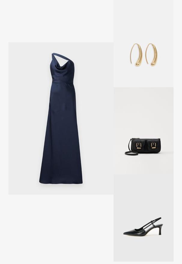 Morska saten večernja haljina s jednim ramenom, s dekolteom u obliku plašta i lepršavim, do poda dugim krojem. Glatka tekstura i elegantna jednostavnost.; Crne lakirane slingback pete s oštrim vrhom, s teksturiranim uzorkom zmijske kože, podesivom remenom i kratkom, teksturiranom blok-petom.; Crna kožna torba preko ramena s dva prednja džepa, zlatnim kopčama, zatvaranjem na zip i uskim remenom. Teksturirana površina i kompaktan pravokutan oblik.; Zlatne metalne naušnice u obliku obruča s zakrivljenim, izduženim oblikom. Imaju glatku, sjajnu površinu i zaobljeni vrh za dodatni detalj.