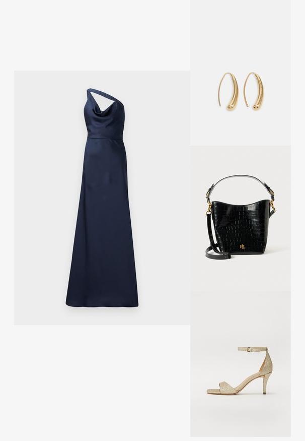 Jūras kara flotes zīda vakarkleita ar vienu plecu, ar izgriezumu un plūstošu, grīdas garuma siluetu. Gluda tekstūra un eleganta vienkāršība.; Zelta spīduma augstpapēžu sandales ar potītes siksniņu, atvērtu purngalu un kvadrāta formas priekšpusi. Iezīmēta ar šauru, konusveida papēdi, kas nodrošina pacelšanu.; Melnas krokodila raksts ādas soma ar izliekta formu, zelta aparatūru, regulējamu siksnu un logotipa detaļu priekšpusē.; Zelta toņu metāla gredzena auskari ar izliektu, pagarinātu formu. Ar gludu, spīdīgu virsma un noapaļotu galu papildu detaļām.