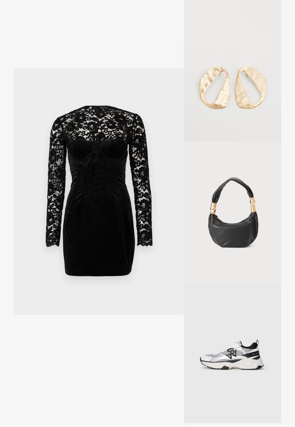Čierne šaty s dlhými čipkovými rukávmi a štruktúrovaným zamatovým korzetom so srdcovým výstrihom. Priliehavý strih, dĺžka do polovice stehna.; Strieborné a biele športové tenisky so sieťovinou a syntetickým materiálom, polstrovaným golierom, čiernymi akcentmi a masívnou podrážkou. Čierny logotyp na boku.; Čierna kožená kabelka s guľatým tvarom, príjemnou textúrou a uzlíkovou rukoväťou s akcentmi zlatého tónu. Zipsové uzatvorenie.; Pár nepravidelných oválnych zlatistých kovových náušníc s textúrovaným, mierne rozbitým povrchom na bielom pozadí.