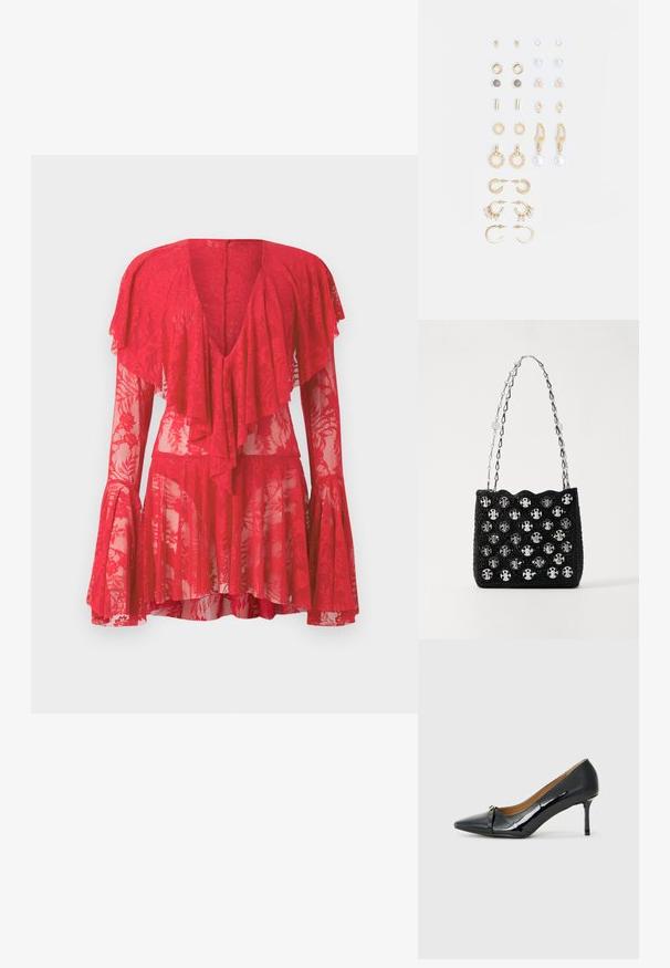 Sarkans mežģīņu kleita ar gariem izfrēzētiem piedurknēm, dziļu V-veida kakla izgriezumu, slāņotām volāniem un ziedu rakstiem. Caurlaižamā tekstūra uzsver tās dizainu.; Melnas lakotas ādas kurpes ar augstu papēdi, ar norādītu pirkstu, dekoratīvu jostu priekšpusē un plānu stiletto papēdi.; Rabanne Rokassoma - black/silver; Zeltainā tonī auskari, kas iekļauj dažādus dizainus, tostarp pīrsingu, gredzenus un karājošus elementus ar pērlēm un rhinestones.