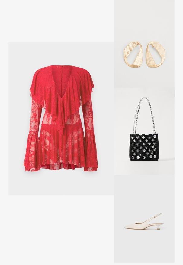 Sarkans mežģīņu kleita ar gariem izfrēzētiem piedurknēm, dziļu V-veida kakla izgriezumu, slāņotām volāniem un ziedu rakstiem. Caurlaižamā tekstūra uzsver tās dizainu.; Krēma krāsas ar norādītu pirkstu slingback kurpe ar zemu kitten papēdi un zelta sprādzi uz vienkārša baltā fona.; Rabanne Rokassoma - black/silver; Pāris neregulāras ovālas formas zelta toņos metāla auskaru ar teksturētu, nedaudz sitētu virsmu uz baltas fona.