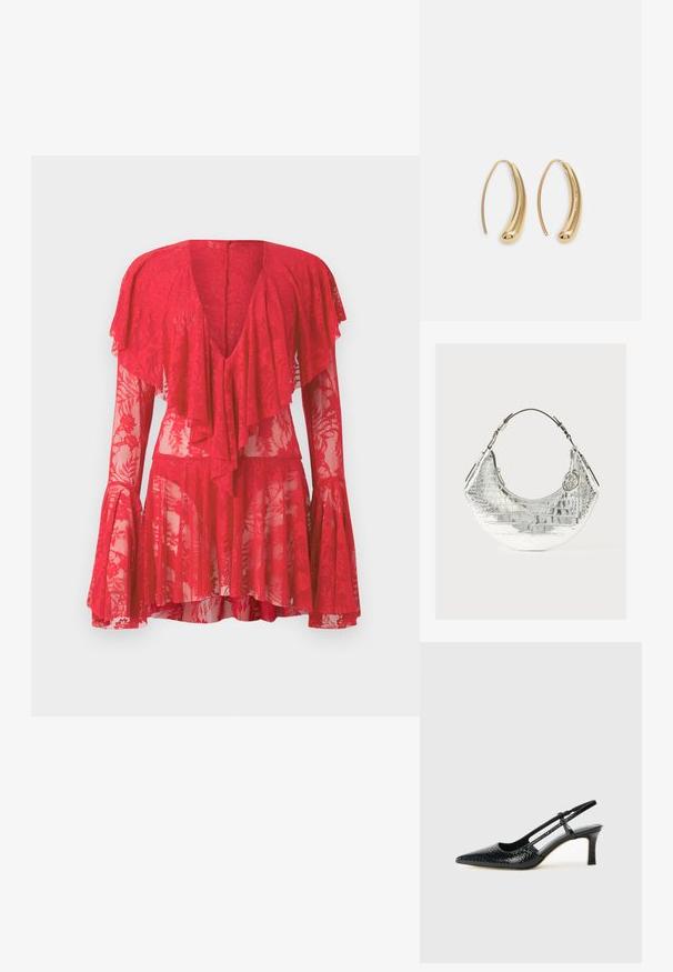 Piros csipkebársonyos ruha hosszú, bővülő ujjakkal, mély V-kivágással, rétegezett fodrokkal és virágmintával. A átlátszó textúra fokozza a dizájnt.; Fekete lakk slingback sarok, hegyes orral, texturált kígyómintával, állítható pánttal és rövid, texturált tömbsarkal.; Ezüst krokodil mintázatú kézitáska ívelt formával, barna bőrfogantyúval és fémelemekkel, díszes charm kiegészítővel.; Aranyszínű fémből készült karika fülbevalók ívelt, hosszúkás formával. Simaságával és fényes felületével, valamint lekerekített végével további részletekkel bővül.