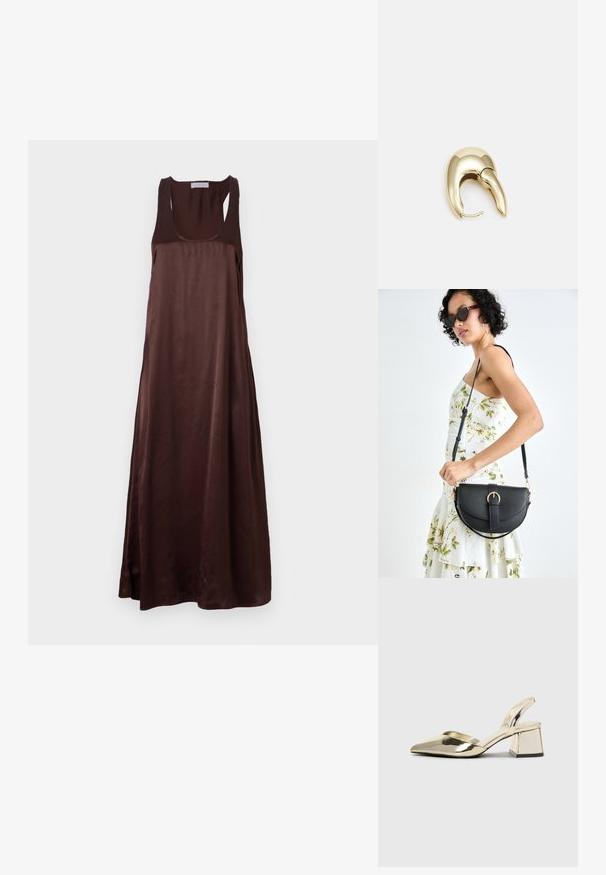 Brązowa, bezrękawnikowa sukienka maxi z gładkiego materiału, z dekoltem w kształcie łódki i luźnym krojem oraz rozcięciem po boku dla swobody ruchów.; Złote, metaliczne szpilki z boku z wydłużonym noskiem i grubym obcasem. Gładka faktura, minimalistyczny design i wąski pasek.; Czarna skórzana torebka o zakrzywionym kształcie, z odpinanym paskiem i złotymi akcentami. Torebka posiada klapę z zapięciem w kształcie klamry.; Złote metalowe kolczyki o eleganckim, zakrzywionym kształcie. Posiadają charakterystyczny szpiczasty kształt, polerowaną powierzchnię oraz zapięcie na zawias.