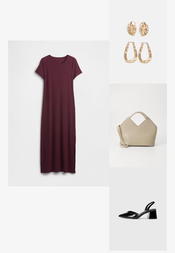 Burgundy maxi dress made of soft fabric, featuring short sleeves, a round neckline, and a straight cut with side slit details.; Black patent leather slingback heels with a pointed toe and a geometric block heel. Features a sleek, minimal design and smooth texture.; Beige structured handbag with a V-shaped top, smooth leather material, short handles, and a long adjustable strap. Minimalist design.; Gold-tone earrings featuring textured, wavy shapes. Includes sculptural clip-on studs and open hoop design with a hammered finish.