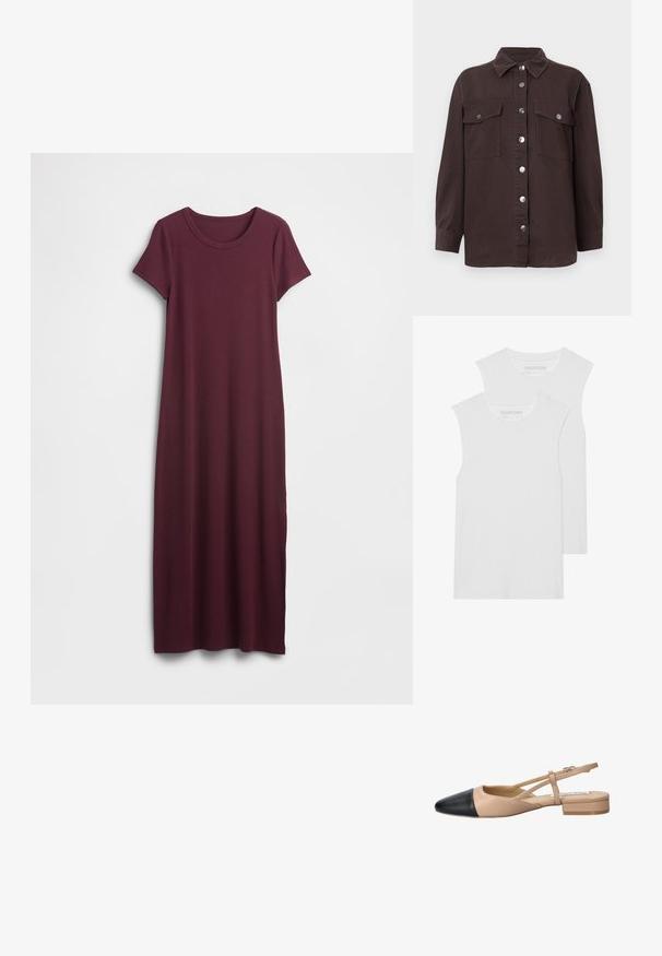Abito lungo color bordeaux realizzato in tessuto morbido, caratterizzato da maniche corte, scollo rotondo e taglio dritto con spacchi laterali.; Due magliette bianche senza maniche in morbido cotone, con scollatura tonda e senza motivi o dettagli visibili.; Giacca camicia marrone scuro in cotone, con colletto, chiusura frontale a bottoni, due tasche sul petto e bottoni in argento. Maniche lunghe.; Scarpa slingback bicolore beige e nera con punta affilata, tacco piatto e dettaglio a fascia incrociata. Texture in pelle liscia.