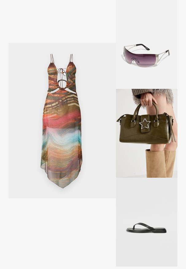 Vestido translúcido multicolor com alças ajustáveis, detalhes recortados e uma bainha esvoaçante. O padrão abstrato inclui tons quentes e acentos em turquesa.; Chinelo preto feito de couro liso, com um design de tira fina e sola baixa com um perfil minimalista. Sem padrões ou acentos notáveis.; Óculos de sol com uma lente grande e curva roxa, detalhes em metal prateado, e hastes pretas com um logo. Detalhes texturizados na armação são visíveis.; Bolsa de mão em pele sintética verde oliva com detalhe de estrela prateada, alças duplas e fecho com zip. Superfície texturizada e forma estruturada.