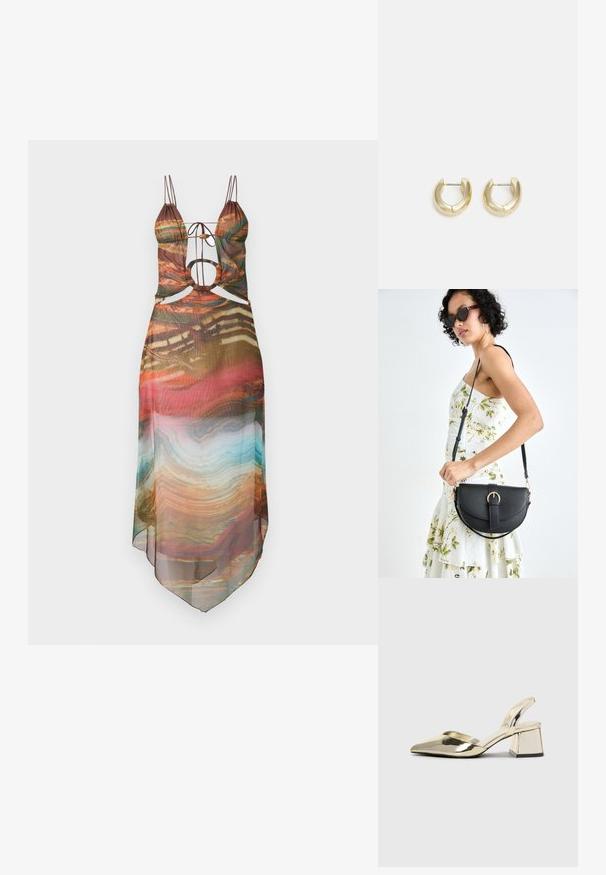 Dažādu krāsu caurspīdīga kleita ar regulējamiem platiem siksniņām, izgriezumiem un plūstošu apakšmalu. Abstrakta raksts ietver siltas krāsas un tirkīza akcentus.; Zeltaini, metāla kurpes ar siksniņām, norakans purngalis un masīla papēdis. Gluda tekstūra, minimālisma dizains un šaura siksna.; Melnas ādas rokassoma ar izliekta formu, noņemamu siksnu un zelta aksesuāriem. Somai ir vāciņš ar sprādzes detaļu.; Zelta-tonēti auskari ar gludu, pulētu apdari. Iezīmē pusapaļa forma un droša aizdare uz stieņa.