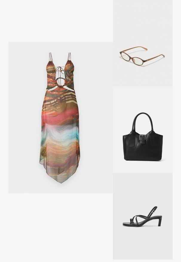 Πολύχρωμο διάφανο φόρεμα με ρυθμιζόμενες τιράντες, λεπτομέρειες cut-out και ρευστό στρίφωμα. Η αφηρημένη απεικόνιση περιλαμβάνει ζεστές αποχρώσεις και κοβαλτίνες τόνους.; Μαύρη σανδάλι με λουράκια και τετράγωνη μύτη, καθώς και χαμηλό μπλοκ τακούνι. Διαθέτει πολλαπλά λεπτά λουράκια και ρυθμιζόμενο λουράκι στον αστράγαλο. Κατασκευασμένο από λείο δέρμα.; Καφέ τετράγωνα γυαλιά με οβάλ φακούς, λεπτούς βραχίονες και διαφανή στοιχεία. Διαθέτουν έναν διακριτικό λογότυπο στο μπράτσο. Κομψός, ελαφρύς σχεδιασμός.; Μαύρη δερμάτινη τσάντα tote με λείο υφή, δομημένο σχήμα, δύο λαβές και επιφανές ασημένιο κούμπωμα μπροστά.