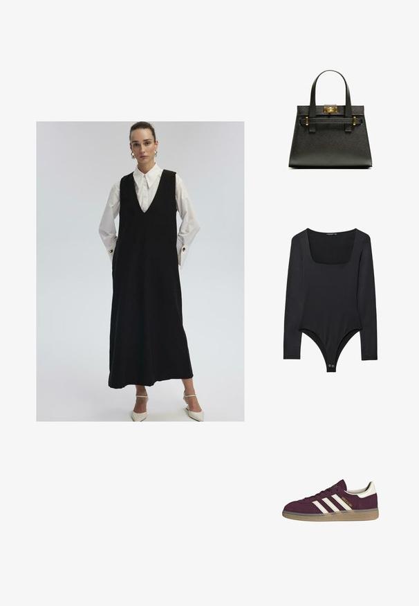 Žena v dlhých čiernych šatách bez rukávov, pod ktorými má na sebe bielu košeľu s veľkými manžetami a zlatými gombíkmi, doplnená bielymi špicatými lodičkami.; Čierny body s dlhým rukávom a štvorcovým výstrihom, so zapínaním na cvočky v oblasti rozkroku, rozložený na bielom pozadí.; Bordový semišový tenisk s bielymi tromi pruhmi a béžovými akcentmi. Má textúrovanú gumovú podrážku a zlaté logo na boku.; Čierna textúrovaná taška s krátkymi uchami, s kovovým zapínaním a akcentmi v zlatej farbe. Dizajn je štruktúrovaný, s geometrickým siluetou.
