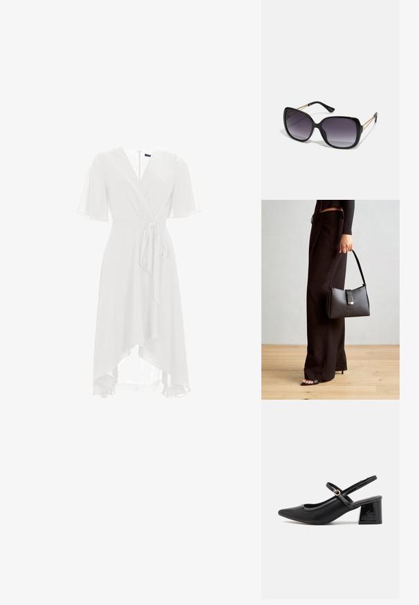 Balta apakšveļa ar īsām plīvura piedurknēm, V veida kakla izgriezumu un savilktu jostu. Cauri dzelzceļam tiek viļņota caurspīdīga auduma drapēšana līdz vidus teļa garumam.; Melns patentēts ādas sandales ar norādīta pirksta formu, noapaļotu izgriezuma dizainu un bloķētu papēdi. Iezīmēta ar zelta toņa sprādzi.; Melni pārmērīgi lieli saulesbrilles ar gradāciju lēcām, biezām rāmja malām un zeltainas krāsas ķēžu detaļām uz tempļiem.; Melnā somiņa ar strukturētu formu, gludu tekstūru un metālu sprādzi. Saskaņota ar platām melnām biksēm un sandālēm ar atvērtu purngalu uz koka grīdas.