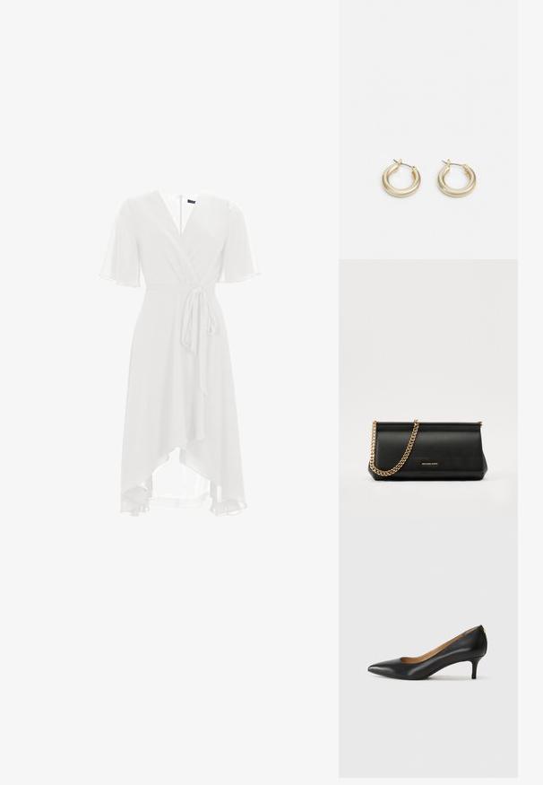 Bela obleka z zavihki in kratkimi cvetlično oblikovanimi rokavi, V-izrezom in pasom na vezanje. Prosojna tkanina se asimetrično spušča do dolžine nad kolenom.; Črne usnjene črpalke s koničastim nosom, nizko peto in gladko teksturo. Imajo rahlo odprtino spredaj in minimalno opremo zadaj.; Črna usnjena torbica z zlatim verižnim trakom, z gladko teksturo, pravokotno obliko in embosiranim logotipom spredaj.; Lauren Ralph Lauren BASIC SMALL HOOP - Uhani - gold-coloured
