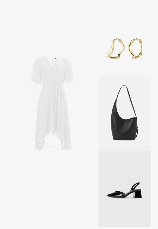 Bílá zavinovací šaty s krátkými volánovými rukávy, V výstřihem a páskem na zavázání. Průhledná látka se asymetricky splétá do délky do poloviny lýtek.; Černé lakované kožené lodičky na pásku s špičatou špičkou a geometrickým blokovým podpatkem. Vyznačují se elegantním, minimalistickým designem a hladkým povrchem.; Černá kožená hobo taška s hladkým povrchem, zakřiveným tvarem a jedním nastavitelným popruhem; má široké otevírání nahoře.; Zlaté kruhové náušnice se tekoucím, vlnkovým designem. Hladký povrch, otevřený tvar a žádné viditelné upevnění. Minimalistický a moderní vzhled.