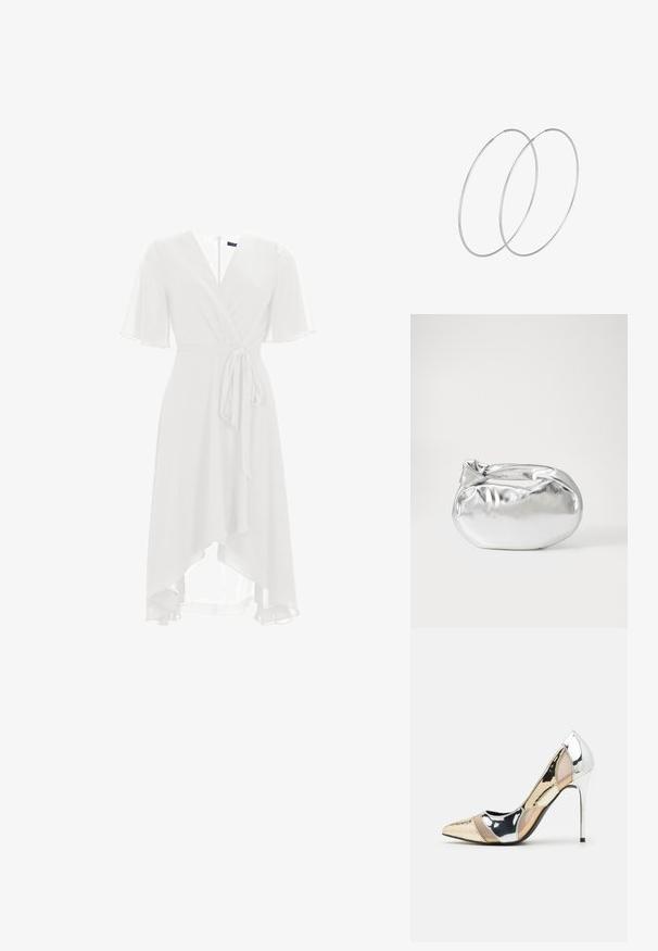 Biała sukienka kopertowa z krótkimi falbaniastymi rękawami, dekoltem w serek i wiązaniem w talii. Przezroczysty materiał układa się asymetrycznie do długości sięgającej do połowy łydki.; Czółenka na wysokim obcasie z wąskim noskiem w kolorze srebrnym, złotym i nude. Lśniące wykończenie z wycięciami, z obcasem w stylu stiletto.; Srebrna metaliczna torba worek o miękkim, zaokrąglonym kształcie i zawiązywanym z góry zapięciem. Wykonana z gładkiego materiału imitującego skórę.; Srebrne kolczyki w formie obręczy o minimalistycznym designie. Okrągły kształt, gładka faktura i cienki profil. Lekkie, z polerowanym wykończeniem.