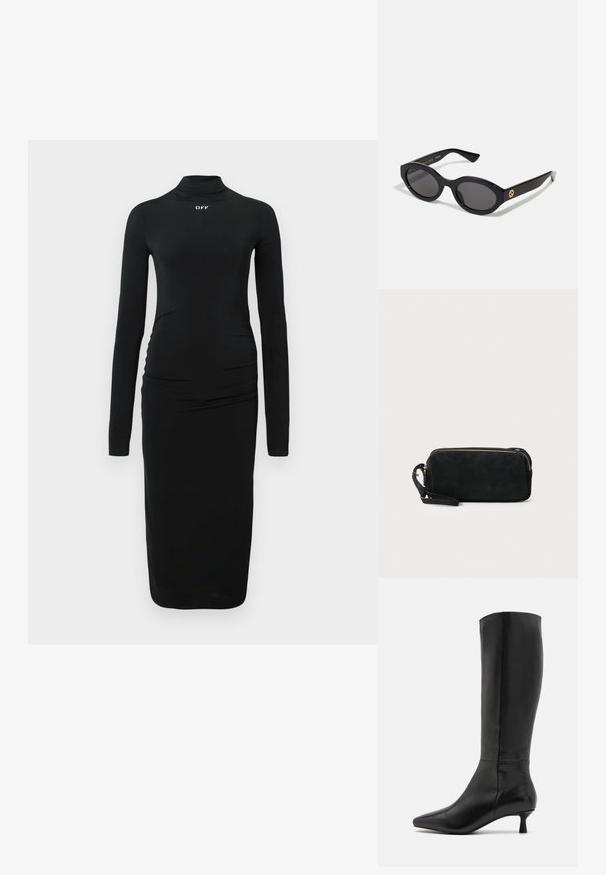 Crna haljina s dugim rukavima i lažnim rolkom, s naglašenim detaljima s bočne strane i bijelim "OFF" logotipom na prsima, izrađena od glatkog materijala.; Zign Čizme - black; Crne ovalne sunčane naočale s tamnim staklima i sjajnim plastičnim okvirom. Sadrže zlatni logotip na sljepoočnici, što pruža elegantan i moderni dizajn.; Crna suđena torbica s patentnim zatvaračem i odvojivim ručnim remenom. Ima zlatne metalne detalje i glatku, mat teksturu.