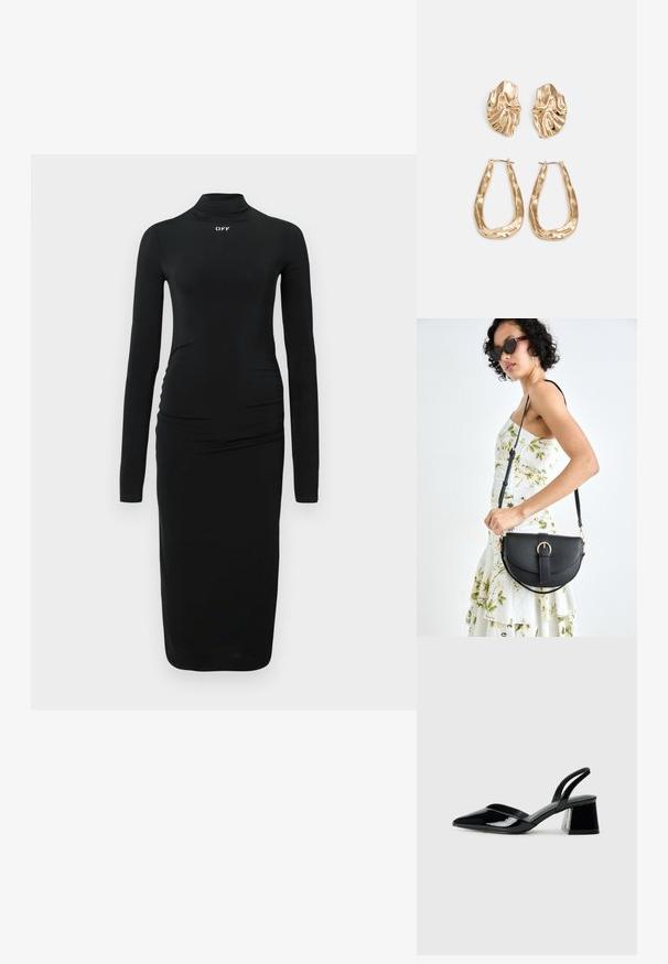 Rochie neagră cu mâneci lungi și guler înalt fals, având detalii pliate pe laterale și un logo alb "OFF" pe piept, fabricată dintr-un material neted.; Pantofi cu toc slingback din piele lacuită neagră, cu vârf ascuțit și toc geometric. Prezintă un design elegant, minimalist și o textură netedă.; Geantă din piele neagră, cu o formă curbată, curea detașabilă și accesorii aurii. Geanta are un capac cu un detaliu tip cataramă.; Cercei aurii cu forme texturate și ondulate. Include studs sculpturale cu clip și un design de cerc deschis cu un finisaj cioplit.