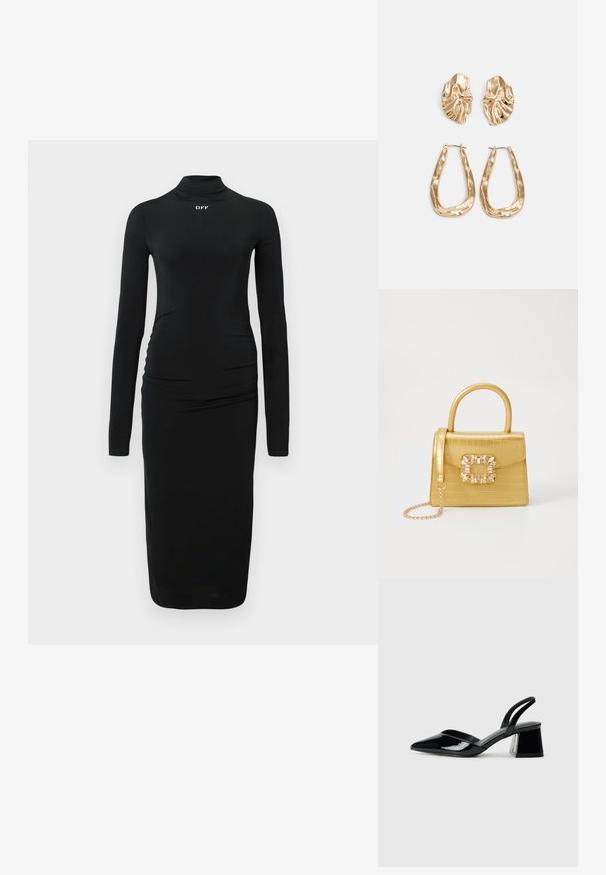 Čierne šaty s dlhým rukávom a falošným rolákom, s naberanými detailmi na stranách a bielym logom "OFF" na hrudi, vyrobené z hladkej látky.; Čierne lakované kožené sandálové podpätky s špicatou špičkou a geometrickým blokovým podpätkom. Disponujú elegantným, minimalistickým dizajnom a hladkým povrchom.; Žltá falošná krokodília kabelka so štruktúrovaným dizajnom, horným držadlom, odnímateľným reťazovým popruhom a dekoratívnym kryštálovým ozdobením na zapínaní.; Náušnice v zlatej farbe s textúrovanými, vlnitými tvarmi. Obsahujú sochárske klipsové náušnice a otvorený tvar krúžku s kladivkovým povrchom.
