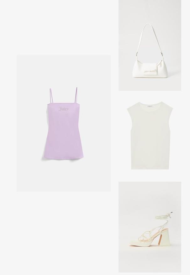 Lilas violetinė marškinėlių su plonomis petnešėlėmis, ant krūtinės metalinio stiliaus užrašas „Juicy“, pagaminta iš minkštos, lygaus audinio.; Balta be rankovių palaidinė su apvaliu kaklu. Pagaminta iš lygios medžiagos, ji turi laisvą siluetą ir minimalistinį dizainą. Be raštų ar akcentų.; Balti aukštakulniai sandalai su masyviu kulnu, su dirželių dizainu ir kulkšnies raiščiu. Lygi tekstūra su platforma priekyje, suteikianti papildomą aukštį.; Balta sintetinė rankinė trikampio formos, plokščiu priekiu su užsegimu, kaspino detale, reguliuojama dirželiu, lygia tekstūra ir minimalistišku dizainu.