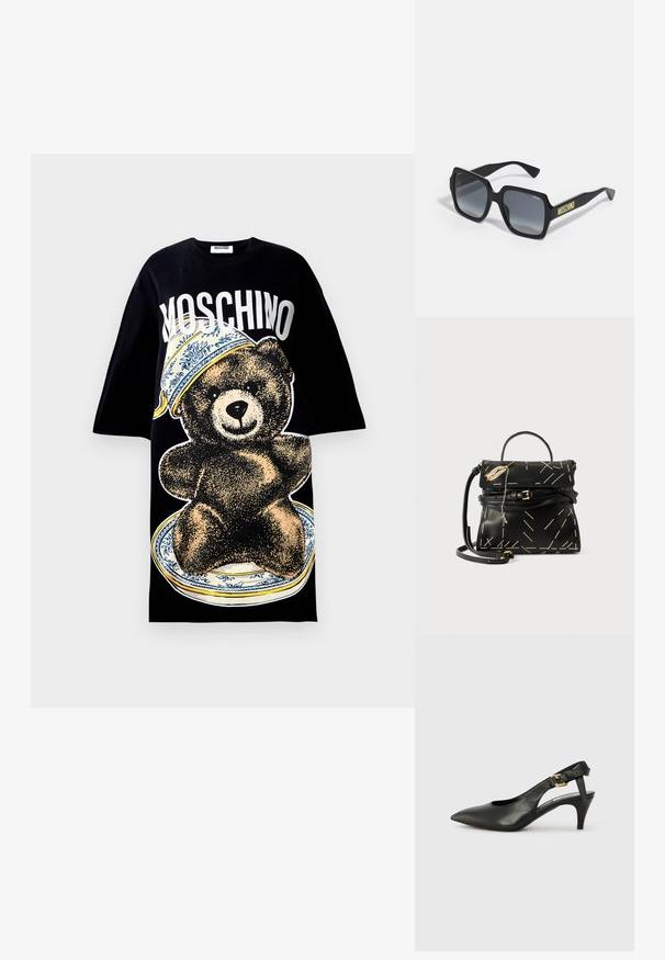 Czarna, oversize koszulka z dużą grafiką przedstawiającą niedźwiedzia na talerzu z niebieską wzorzystą krawędzią. "Moschino" wydrukowane dużymi białymi literami na górze.; Czarne skórzane szpilki slingback z ostrym noskiem, małym obcasem i zapięciem na klamrę przy pasku kostki. Gładka tekstura, minimalistyczny design.; Czarne kwadratowe okulary przeciwsłoneczne z gradientowymi szarymi soczewkami; mają subtelne akcenty i żółte logo "MOSCHINO" na zauszniku.; Czarna skórzana torebka z geometrycznym białym przeszyciem, z górnym uchwytem i odczepianym paskiem na ramię. Posiada złote akcenty i zamek błyskawiczny.