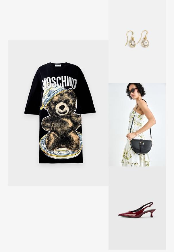 Juodas per didelis marškinėlis, kuriame pavaizduota didelė meškos grafika ant lėkštės su mėlynu raštuotu kraštu. Viršuje būti užrašas „Moschino“ ryškiomis baltomis raidėmis.; Burgundiško lakuoto odos slingback kulniukai su smailiu smailiu ir elegantišku stiletto kulnu. Atvira nugaros konstrukcija su reguliuojamu kulkšnies dirželiu.; Juodas odinis krepšys su išlenkta forma, nuimamu dirželiu ir auksiniais detalėmis. Krepšys turi kilpą su sagtimi.; Aukso spalvos auskarai su ovalo formos skaidriais kristalais, apjuostais mažesniais skaidriais akmenukais, su kabliuko dizainu, užtikrinančiu saugų dėvėjimą.