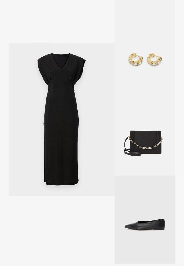 Vestido maxi preto sem mangas, com decote em V e detalhes franzidos na cintura. Feito de um tecido suave e ligeiramente brilhante.; Bailarina de couro preto, bico fino, design minimalista, textura suave, salto baixo, sem hardware ou embelezamentos visíveis.; Bolsa crossbody de couro preto com uma textura suave, forma retangular e um detalhe em corrente metálica na frente. Inclui uma alça ajustável.; Brincos de argola dourados com um design texturizado e três cristais transparentes em um lado, oferecendo uma estética geométrica moderna.