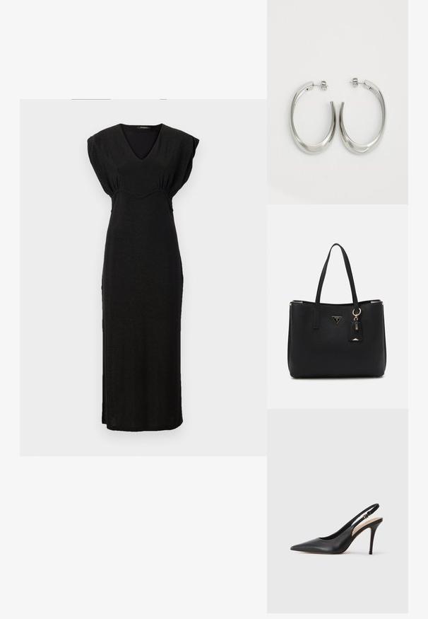 Černé bezramínkové maxi šaty s výstřihem do V a nařasenými detaily v pase. Vyrobené z hladké, mírně lesklé tkaniny.; Černá kožená slingback lodička na vysokém podpatku s špičatou špičkou, hladkým povrchem a jemným páskem se metalickou sponou.; Černá taška přes rameno vyrobená z texturovaného syntetického materiálu, s dvojitými uchy, zlatým logem a malou visačkou s akcentem.; Stříbrné kruhové náušnice s hladkým, zakřiveným designem. Vyznačují se lesklým kovovým povrchem a zapínáním na patent. Žádné viditelné vzory nebo akcenty.
