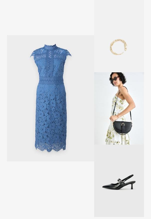 Modrá čipkovaná šaty s vysokým výstrihom, krátkymi rukávmi, kvetinovými vzormi a vlnitým lemom. Zosilnené zložitým čipkovým detailom.; Čierne patentové kožené sandále na podpätku so špicatou špičkou a malým blokovým podpätkom, s dekoratívnou striebornou sponou na remienku.; Čierna kožená kabelka s zaobleným tvarom, odnímateľným popruhom a zlatými doplnkami. Kabelka má klopu s detailom s prackou.; Prsteň v zlatej farbe s organickým, skrúteným dizajnom, hladkým povrchom a zužujúcimi sa koncami, vytvárajúci moderný, sochársky vzhľad.