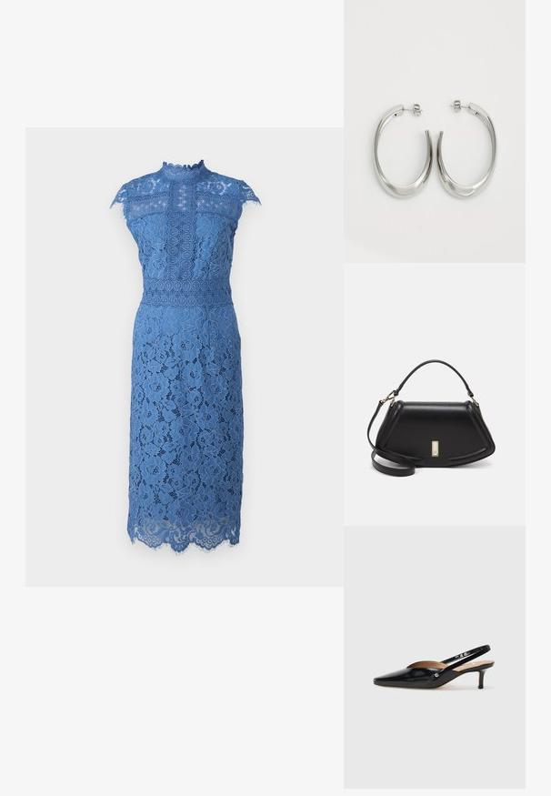 Mėlyna nėrinių suknelė su aukštu kaklu, rankovėmis-kapučinais, gėlių raštais ir išlinkusia apatine dalimi. Išryškinti sudėtingi nėrinių detalės.; Juodas patentuotas odinis slingback batelis su smailiu nosimi, mažu kulniuku ir išpjovimais ant priekinės dalies. Auksinės spalvos detalės ant šono.; Juoda odinė rankinė su struktūrizuotu dizainu, turi trumpą formą, viršutinę rankeną ir auksinius akcentus. Pridėtas reguliuojamas peties diržas.; Sidabriniai apvalūs auskarai su lygiu, išlenktu dizainu. Yra blizgus metalinis paviršius ir smeigtukų uždarymas. Nėra matomų raštų ar akcentų.