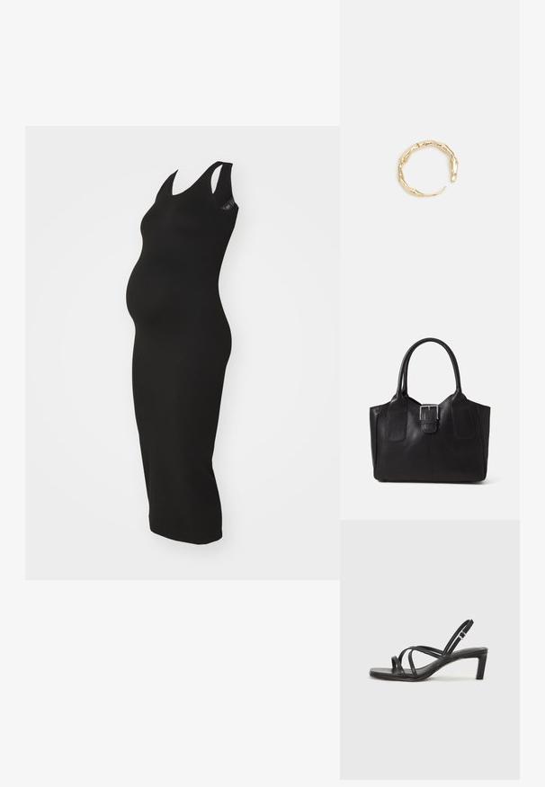 Črna brezrokavna materinska obleka iz raztegljive tkanine, ki ima oprijet kroj in je zasnovana tako, da se prilega rastočemu trebuhu.; Črne natikače s trakovi in kvadratnim prstom ter nizkim blokastim peto. Imajo več tankih trakov in nastavljiv trak okoli gležnja. Narejene so iz gladkega usnja.; Črna usnjena torba s gladko teksturo, strukturirano obliko, dvema ročkama in izrazitim srebrnim sponko na sprednji strani.; Zlati prstan s organskim, zvitim dizajnom, gladko površino in taperiranimi konci, ki ustvarja modernega, skulpturalnega videza.