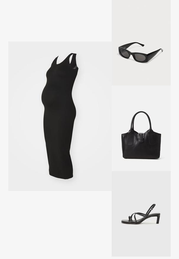 Svart, ermeløs gravidkjole laget av elastisk stoff, med en figurnær silhuett designet for å tilpasse seg en voksende mage.; Sorte sandaler med stropper, firkantet tå og lav blokk hæl. Har flere tynne stropper og en justerbar ankelstropp. Laget av glatt lær.; Svarte solbriller med rektangulær ramme, mørke linser og teksturerte sider. Har et strømlinjeformet, moderne design og dristige silhuetter.; Svart skinn toteveske med jevn tekstur, strukturert form, to håndtak og en fremtredende sølvspenne foran.