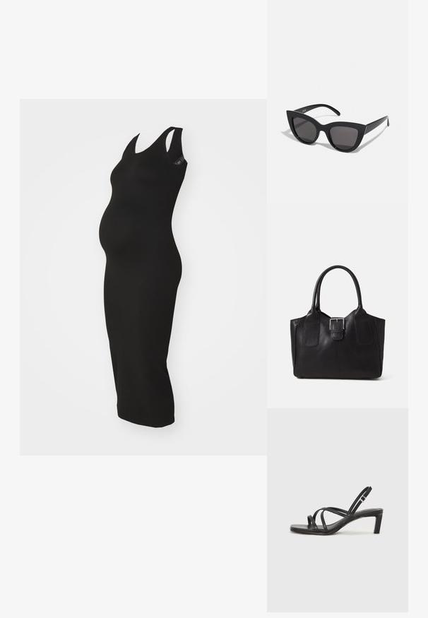 Juoda, be rankovių nėštumo suknelė, pagaminta iš elastingos medžiagos, pasižyminti kūno prigludusia siluetu, pritaikytu augančiai pilvui.; Juodi šlepetės su kvadratiniu pirštu ir žemu bloku kulnu. Yra keli ploni dirželiai ir reguliuojamas kulkšnies diržas. Pagaminti iš lygios odos.; Juodos katės akies akinių nuo saulės su matinio paviršiaus danga, turinčiais pilkai tonuotus lęšius, aštriomis linijomis ir elegantiškomis šoninėmis kojelėmis. Prekės ženklas matomas vidinėje kojelėje.; Juodas odinis nešiojamas krepšys su lygiu paviršiumi, struktūrine forma, dviem rankenėlėmis ir ryškiu sidabriniu sagties akcentu priekyje.