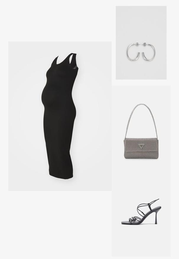 Musthave, ilma varrukatega raseduskleit, mis on valmistatud venivast kangast ja millel on keha külge liibuv siluett, mis on loodud kasvava kõhu mahutamiseks.; Mustad musta värvi kontsandaalid on varustatud peente rihmadega, millel on sõlmekujundus, siledad ruudukujulised varbad ja stiilne stilettokonts.; Helehall metallik handbags, millel on kett, kaunistatud väikeste ümmarguste metallist õmblustega ja kolmnurkse brändi logoga.; Hõbedased rõngaskõrvarõngad, millel on sile ja läikiv pind. Ümar kuju, kerge disain, millel on post-tagumise kinnituse süsteem.