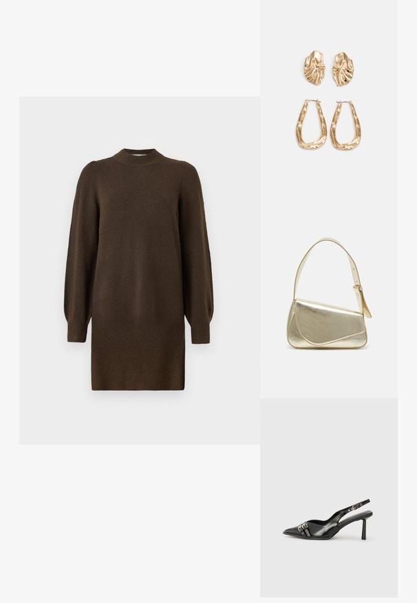 Vestido de malha de manga longa, castanho-escuro, com gola alta canelada, punhos e bainha sobre um fundo branco.; Sapato slingback preto em pele patentada com bico apontado, tiras no tornozelo apresentando fivelas e acessórios prateados, e um salto elegante.; Bolsa de mão metálica dourada com um design estruturado, textura suave e alça ajustável. Apresenta uma forma triangular única e costura minimalista.; Brincos em tom de ouro com formas onduladas e texturizadas. Inclui studs escultóricos com presilha e um design de argola aberta com um acabamento martelado.