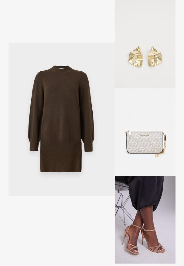 Hosszú ujjú, sötétbarna kötött pulóverruha bordázott, magas nyakkal, mandzsettával és aljjal, fehér háttérrel.; Beige színű, kristályokkal díszített magassarkú szandál, nyitott orral, vékony pántokkal és karcsú sziluettal.; Michael Kors bézs bevonatos vászon karkötő, amely ismétlődő MK logó mintával, aranyszínű fémrészletekkel és levehető lánchordóval rendelkezik.; Arany fém fülbevalók hullámos mintával; sima, fényes felület; aszimmetrikus forma; látható minták vagy szerelvények nélkül.